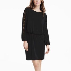 WHBM Lattice Sleeve Black Knit Blouson Dress